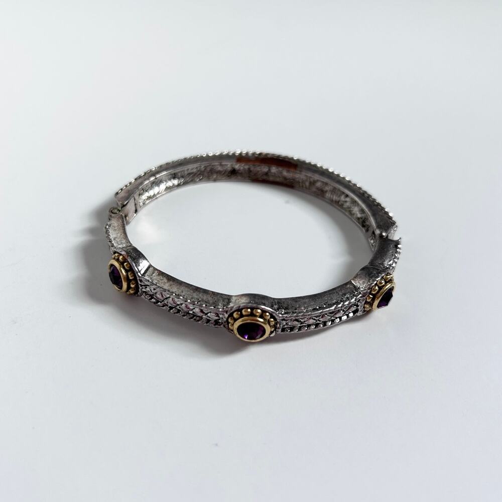 Vintage Silver Tone Purple Gems Boho Festival Box Clasp Cuff Bracelet Bangle